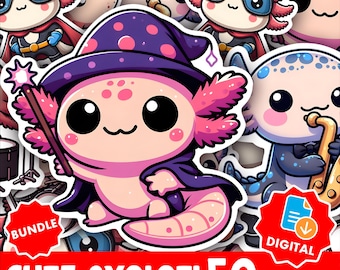 Cute Axolotl & Animals Kawaii Sticker Bundle | 50 Chibi PNG Clipart, Adorable Animals Chibi Stickers,Digital PNG Download, Cute Clipart Pack