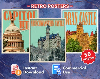 May include: Three retro-style travel posters featuring images of the US Capitol Building, Neuschwanstein Castle, and Bran Castle. The posters are in a vintage style with bold text and bright colors. The text on the posters reads "Capitol Hill", "Neuschwanstein Castle", and "Bran Castle".
