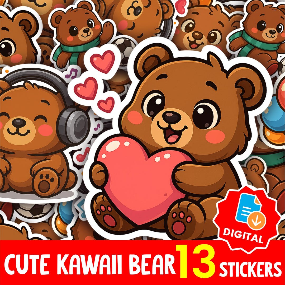 Cute Kawaii Bear Sticker Pack PNG | Adorable Animal Clipart for ...