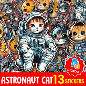 Paquete de pegatinas de gato astronauta kawaii / Lindo conjunto de gatitos espaciales PNG / Clipart de gato galáctico de dibujos animados para diarios, agendas y manualidades digitales