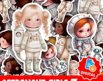 Dreamy Kawaii Astronaut Girls Sticker Bundle – Cute Girl Space Stickers for Bullet Journal, Planner, Laptop – Adorable Cosmic Kawaii Girl