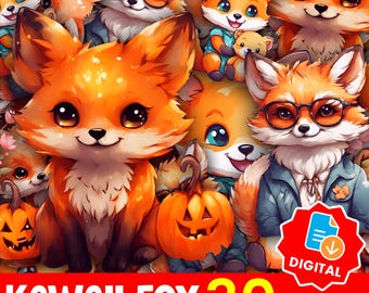 Kawaii Fox Sticker Clipart Bundle: Boho Woodland Animals (PNG Digital Download - 30 Images)