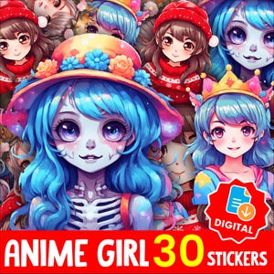 Kawaii Anime Cute Girl Sticker Bundle PNG, Pastel Anime Clipart for Planners Journals, Cricut Project, Instant Download Printable Set -25