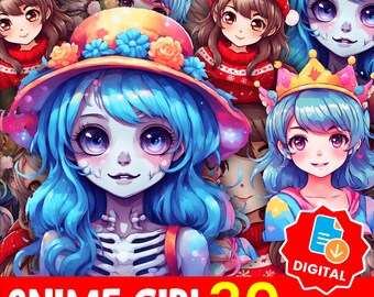 Kawaii Anime Cute Girl Sticker Bundle PNG, Pastel Anime Clipart for Planners Journals, Cricut Project, Instant Download Printable Set -25