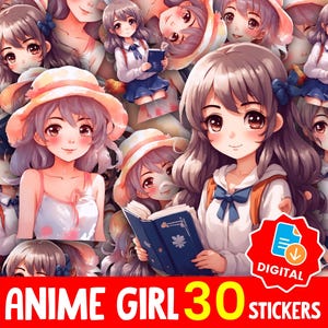 Kawaii Anime Cute Girl Sticker Bundle PNG, Pastel Anime Clipart for Planners Journals, Cricut Project, Instant Download Printable Set -5