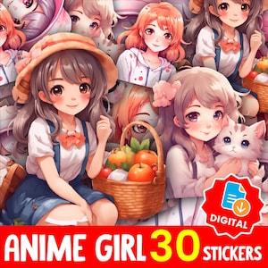 Kawaii Anime Girl Sticker Bundle: Pastel Chibi Clipart (PNG, Digital Download, 30 pc Set)