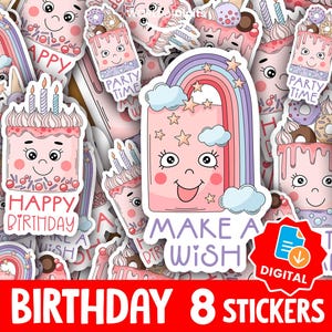 Digital Kawaii Birthday Stickers PNG, Cute Digital Stickers for Scrapbooking & Journals | Pastel Printable Planner Decor, Pastel Sticker Set