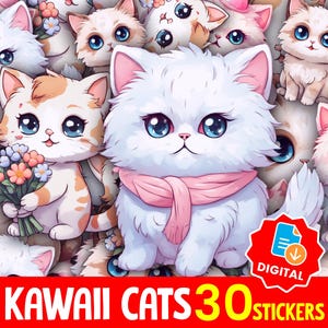 Calico Cat Stickers Pack, Cute Chibi Kitty Sticker Set, Pastel Anime Cats for Planner, Laptop Scrapbook, Transparent PNG, Instant Download-8