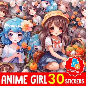 Kawaii Anime Girl Sticker Bundle: Pastel Clipart, Cricut Ready (PNG, Digital Download, 30-Piece Set)