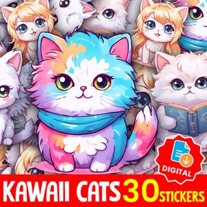 Digitale kawaii katten stickerbundel png-afbeeldingen | Leuke afdrukbare stickers anime kitty, stickerpakket anime kawaii katten, digitale stickers -1