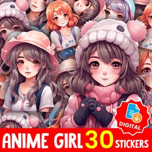 Kawaii Anime Girl Sticker Bundle: Pastel Clipart for Cricut (Digital Download, 30 PNGs)