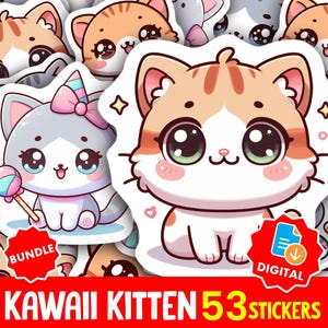 Kawaii Cat Stickers PNG | Cute Kitten Clipart for Journals & Planners | Cartoon Kitty Sticker Pack | Digital Cute Cats Bundle