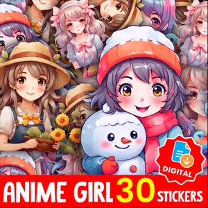 Kawaii Anime Cute Girl Sticker Bundle PNG, Pastel Anime Clipart for Planners Journals, Cricut Project, Instant Download Printable Set -14