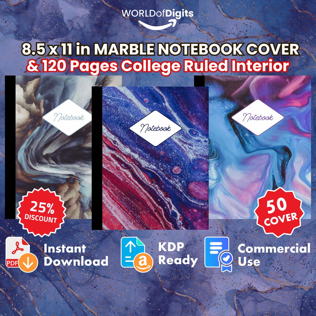 Amazon KDP Marble Notebook Covers - 120 College Ruled Pages, 50 PDF ...