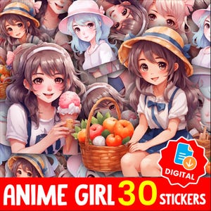 Kawaii Anime Cute Girl Sticker Bundle PNG, Pastel Anime Clipart for Planners Journals, Cricut Project, Instant Download Printable Set -11