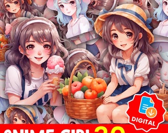 Kawaii anime schattig meisje sticker bundel png, pastel anime clipart voor planners tijdschriften, Cricut project, instant download afdrukbare set-11