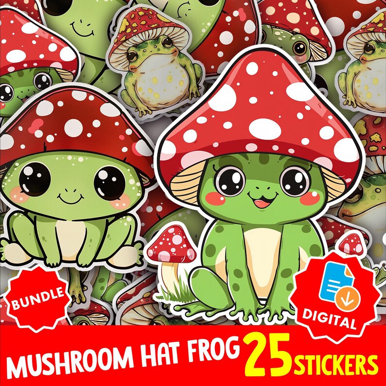 Kawaii Mushroom Frog Stickers PNG | Cute Toad Clipart Bundle ...