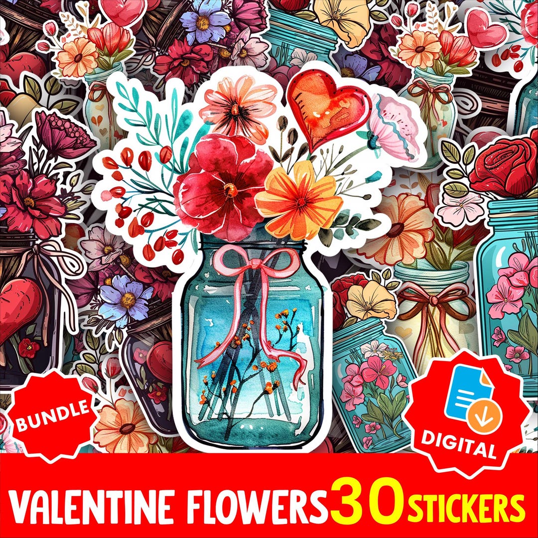 Romantic Flowers in Jar Sticker Pack PNG | Valentine Clipart for ...