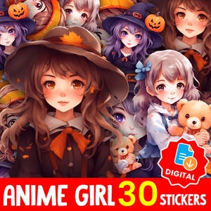 Kawaii Anime Girl Sticker Bundle: Pastel Clipart for Cricut (PNG Digital Download - 30 Set)