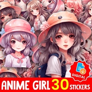 Kawaii Anime Girl Sticker Bundle: Pastel Clipart PNG (Digital Download, 30-Piece Set)