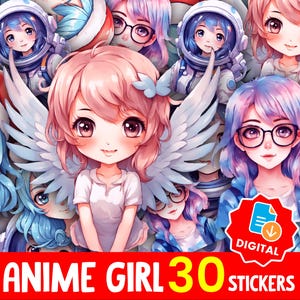 Kawaii Anime Girl Sticker Bundle: Pastel Chibi Clipart (PNG, Digital Download, 30 pc Set)