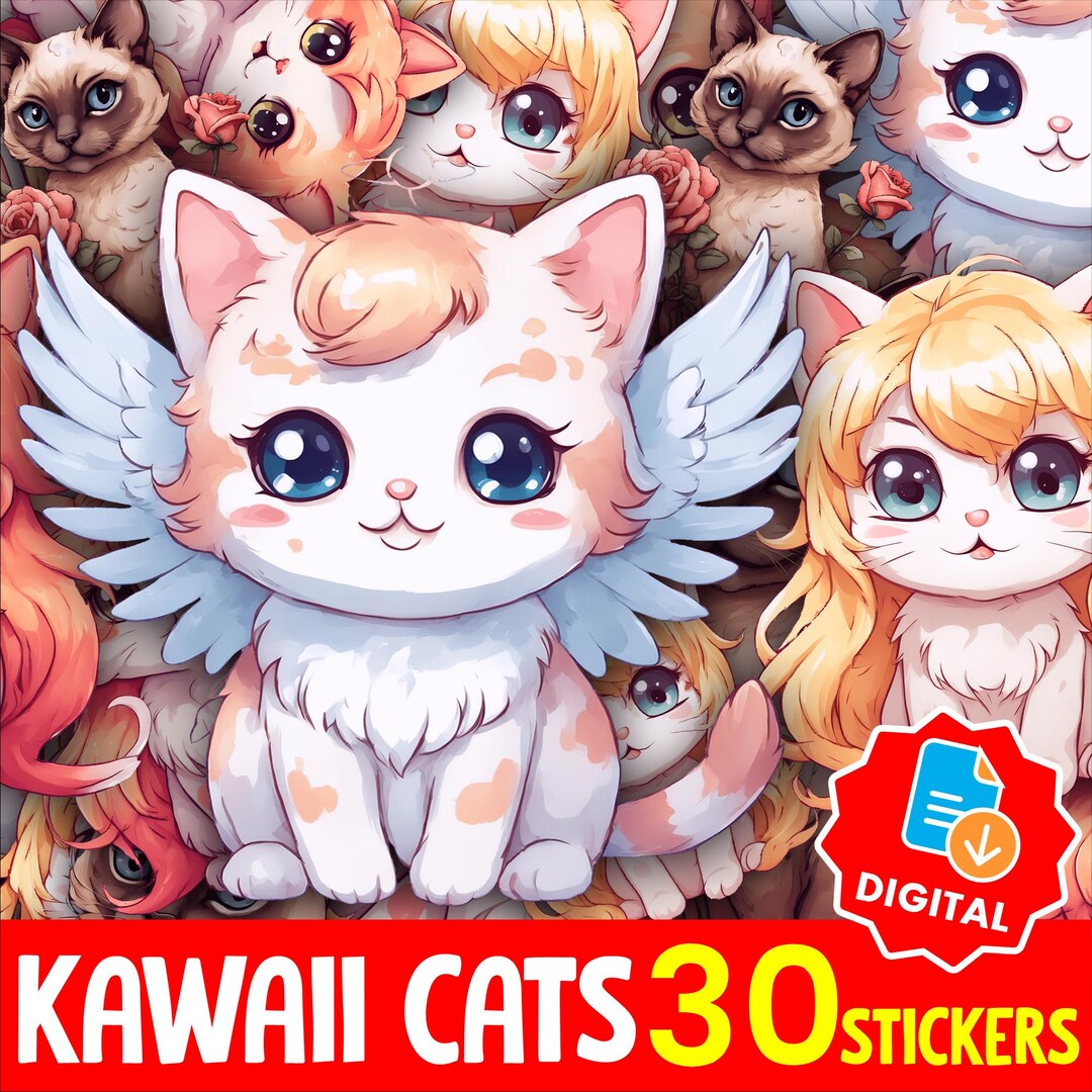 Spring Cat Stickers Set, Cute Chibi Kitty Pack, Floral Pastel Cats for ...