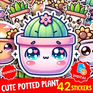 Puede incluir: Una colección de pegatinas de plantas en maceta. Las pegatinas presentan cactus, suculentas y girasoles de dibujos animados con caras adorables. El texto "CUTE POTTED PLANT 42 STICKERS" se muestra en una pancarta roja.