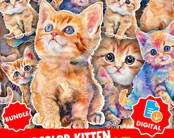 Kawaii Kitten Watercolor Clipart: Pastel Cat Stickers (PNG Digital Download)