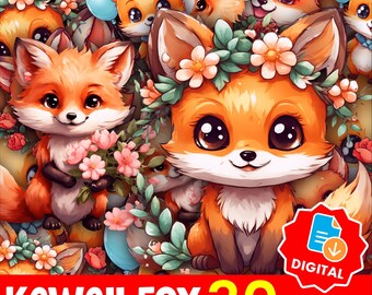 Kawaii Fox Sticker Clipart Bundle: Boho Woodland Animals (PNG Digital Download - 30 Images)