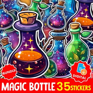 May include: A selection of colourful magic bottle stickers with diverse designs. The bottles feature vibrant liquids and celestial patterns. The image includes the text "MAGIC BOTTLE 35 STICKERS" and the words "BUNDLE" and "DIGITAL".