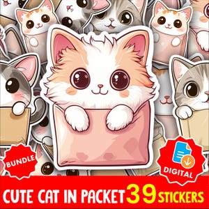 Kawaii Cat Sticker Pack | Cute Kitty in Packet PNG Bundle | Adorable Digital Stickers for Planners, Journals & Scrapbooking