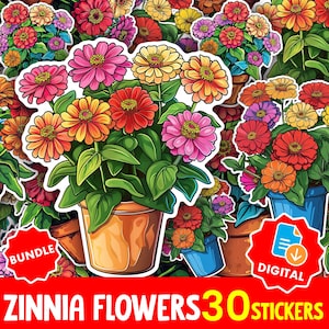 Könnte beinhalten: Eine Sammlung bunter Zinnien-Blumen-Aufkleber in verschiedenen Töpfen. Die Aufkleber zeigen lebendige Blüten in Rosa-, Orange-, Gelb- und Rottönen mit grünem Laub. Der Text "Zinnia Flowers 30 Stickers" ist unten zu sehen.
