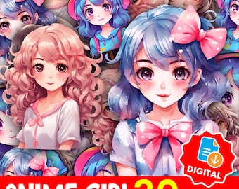 Kawaii anime schattig meisje sticker bundel png, pastel anime clipart voor planners tijdschriften, Cricut project, instant download afdrukbare set-13