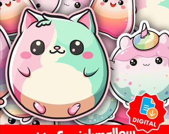 Kawaii Squishmallow-stickers: Pastel Plushie Squad (PNG-download)