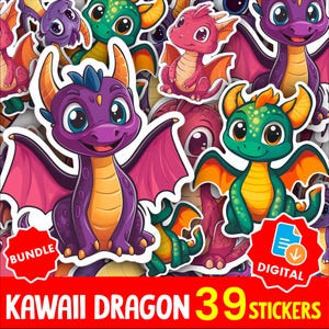 Kawaii Dragon Sticker Pack | Cute Cartoon Dragon PNG Bundle | Adorable Baby Dragon Clipart for Planners, Journals & Crafts