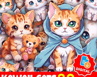 Winter Cat Stickers Bundle, Cute Chibi Kitty Pack, Cozy Pastel Cats for Planner, Journal & Laptop, Printable PNG Clipart,Instant Download-32