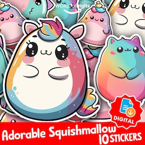 Adorable Kawaii Sticker Pack | Cute Squishmallow-Inspired Characters, Pastel Rainbow Aesthetic, Cute & Adorable Plushie Squad, PNG Download