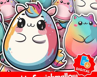 May include: A set of 10 digital stickers featuring adorable cartoon squishmallows. The stickers feature a variety of characters, including a unicorn, a cat, and a penguin. The stickers are perfect for adding a touch of whimsy to your digital projects.