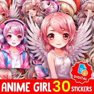Kawaii Anime Cute Girl Sticker Bundle PNG, Pastel Anime Clipart for Planners Journals, Cricut Project, Instant Download Printable Set -33
