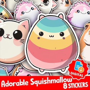 Adorable Kawaii Sticker Pack, Cute Squishmallow-Inspired Characters, Pastel Rainbow Aesthetic, Cute & Adorable Plushie Squad, PNG Download 3