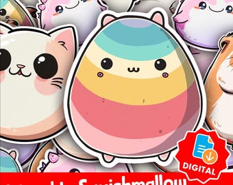 May include: Eight digital stickers featuring adorable cartoon squishmallows. The stickers feature a variety of animals, including a cat, a hamster, and a unicorn. The stickers are all in a cute, cartoon style and are perfect for adding a touch of fun to your laptop, water bottle, or planner.