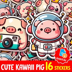 Paquete de pegatinas PNG de cerdos kawaii / Imágenes prediseñadas de cerditos de dibujos animados adorables para diarios, agendas y manualidades / Conjunto de pegatinas digitales de cerdos adorables