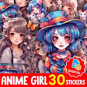 Kawaii Anime Girl Sticker Bundle: Pastel Chibi Clipart (PNG, Digital Download, 30 pc Set)