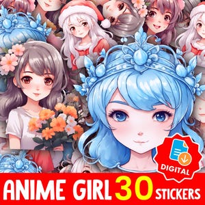 Kawaii Anime Cute Girl Sticker Bundle PNG, Pastel Anime Clipart for Planners Journals, Cricut Project, Instant Download Printable Set -32