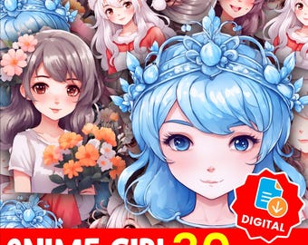 Kawaii anime schattig meisje sticker bundel PNG, pastel anime clipart voor planners tijdschriften, Cricut project, Instant Download afdrukbare set-32