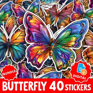Puede incluir: Un conjunto de pegatinas de mariposas coloridas con descarga digital. Las mariposas presentan tonos vibrantes de azul, morado, naranja y verde. La imagen incluye el texto "BUTTERFLY 40 STICKERS" en una pancarta roja.