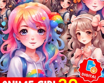 Kawaii anime schattig meisje sticker bundel png, pastel anime clipart voor planners tijdschriften, Cricut project, instant download afdrukbare set-9