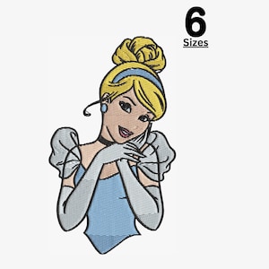 Puede incluir: Imagen bordada de Cenicienta con un vestido azul claro, guantes y un moño amarillo. La imagen incluye el texto "6 Tamaños" en negro.