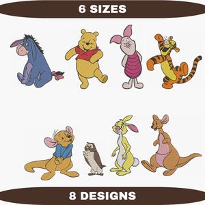 Peut inclure: Illustration de huit personnages de Winnie l'ourson. Les personnages incluent Bourriquet, Winnie l'ourson, Porcinet, Tigrou, Petit Gourou, Hibou, Coco Lapin et Kanga. L'image comprend &eacute;galement le texte "6 SIZES" et "8 DESIGNS".
