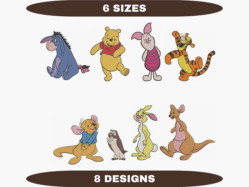 Peut inclure: Illustration de huit personnages de Winnie l'ourson. Les personnages incluent Bourriquet, Winnie l'ourson, Porcinet, Tigrou, Petit Gourou, Hibou, Coco Lapin et Kanga. L'image comprend &eacute;galement le texte "6 SIZES" et "8 DESIGNS".